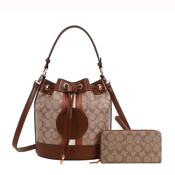 Classic Fashion Handbags - 2-in-1 Oval Monogram Drawstring Satchel Wallet Set